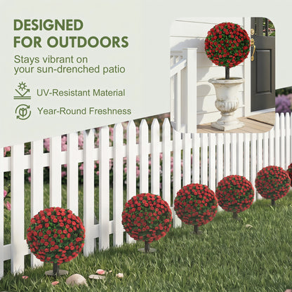 Set of 2 55 cm Artificial Rose Topiary with Ground Stake, UV-Resistant Fake Plants with 306 Roses and Leaves for Indoor Outdoor Home Office Garden Decor, Red