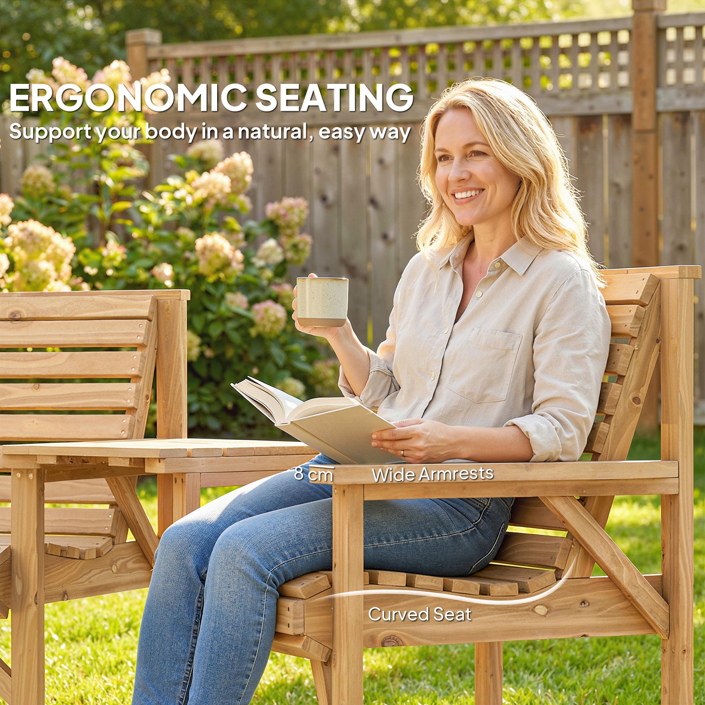 Wood Garden Furniture Set w/ Parasol Hole, Detachable Table, Natural