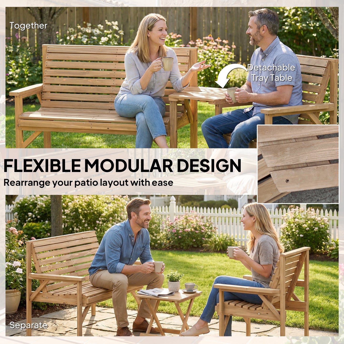 Wood Garden Furniture Set w/ Parasol Hole, Detachable Table, Natural