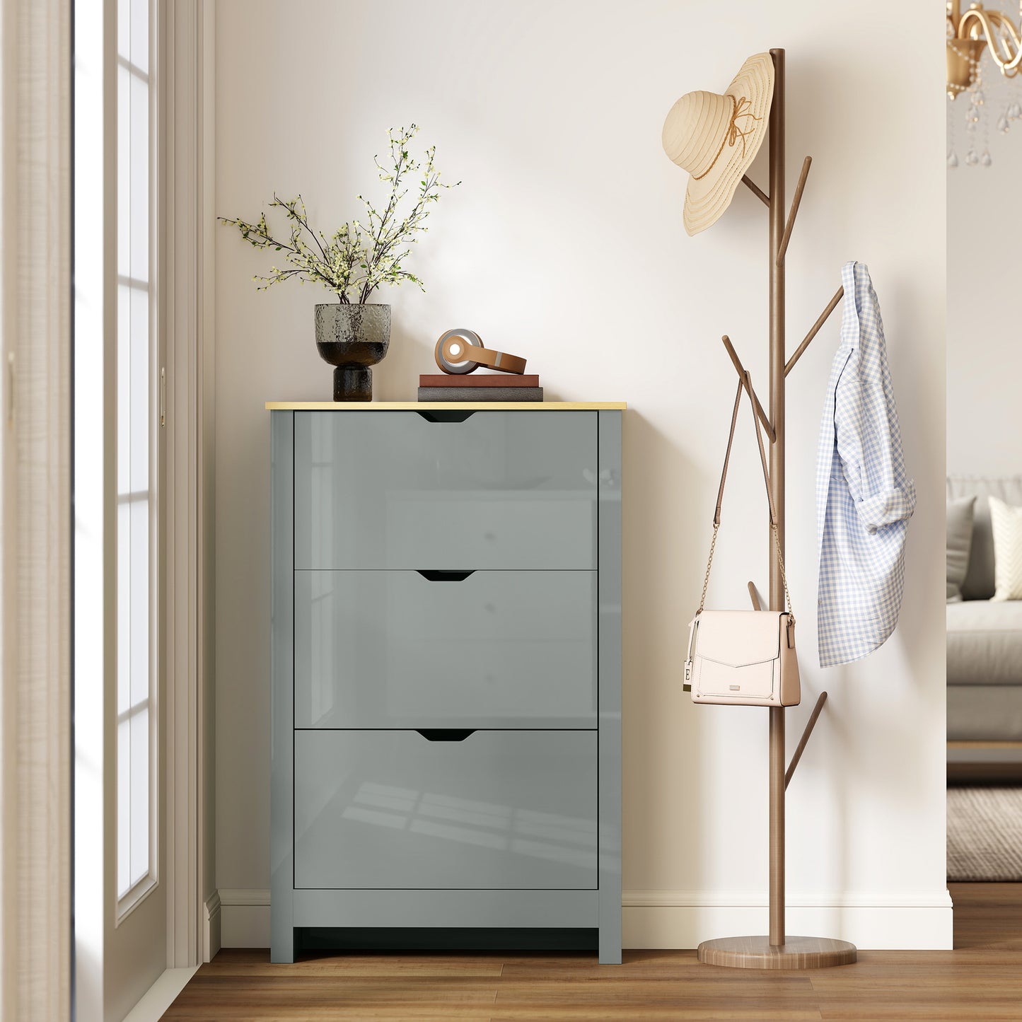 18-Shoe Storage Cabinet 6 Shelves 3 Drawers Tabletop Light Grey
