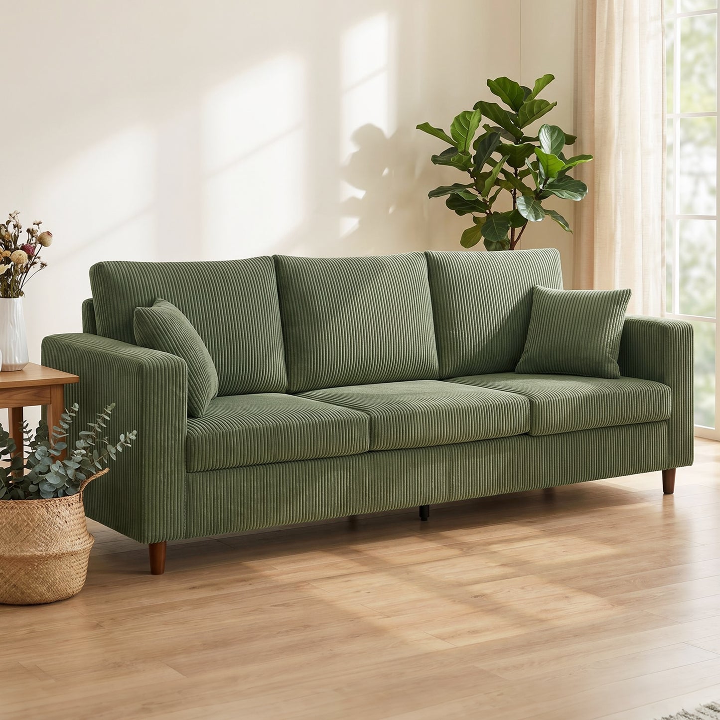 3 Seater Sofa with Wide Seat, Corduroy Upholstered, Green