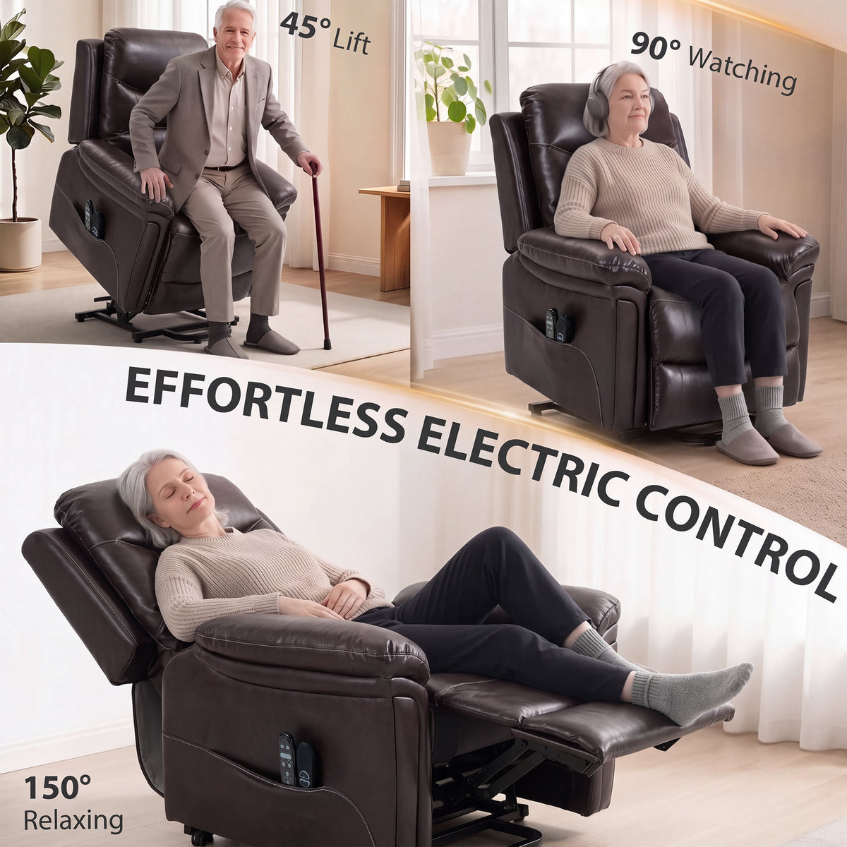 Faux Leather Electric Riser Recliner with 8-Point Massage and Heat - Brown