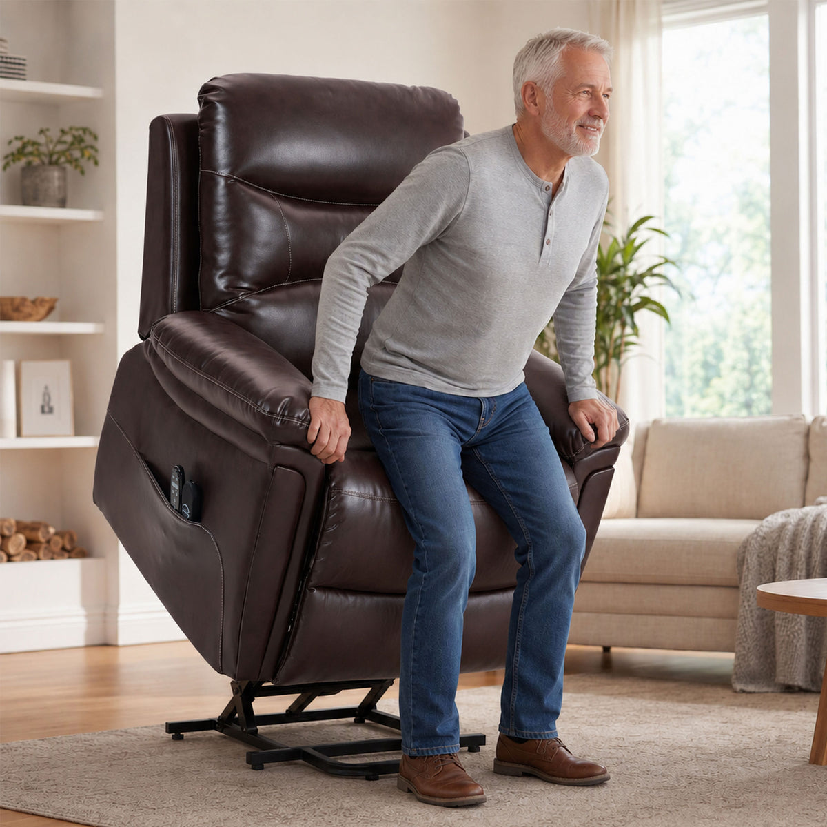 Faux Leather Electric Riser Recliner with 8-Point Massage and Heat - Brown
