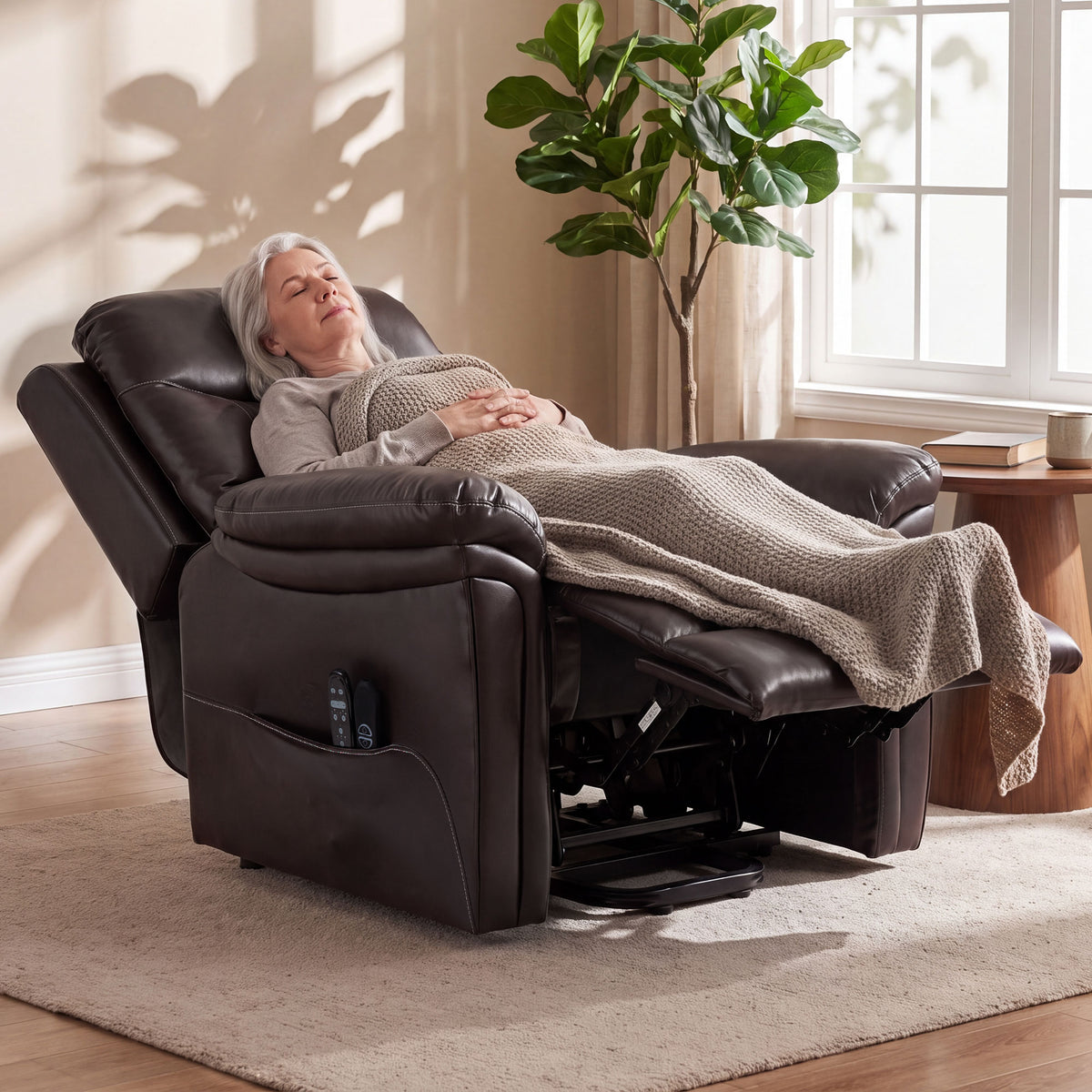 Faux Leather Electric Riser Recliner with 8-Point Massage and Heat - Brown