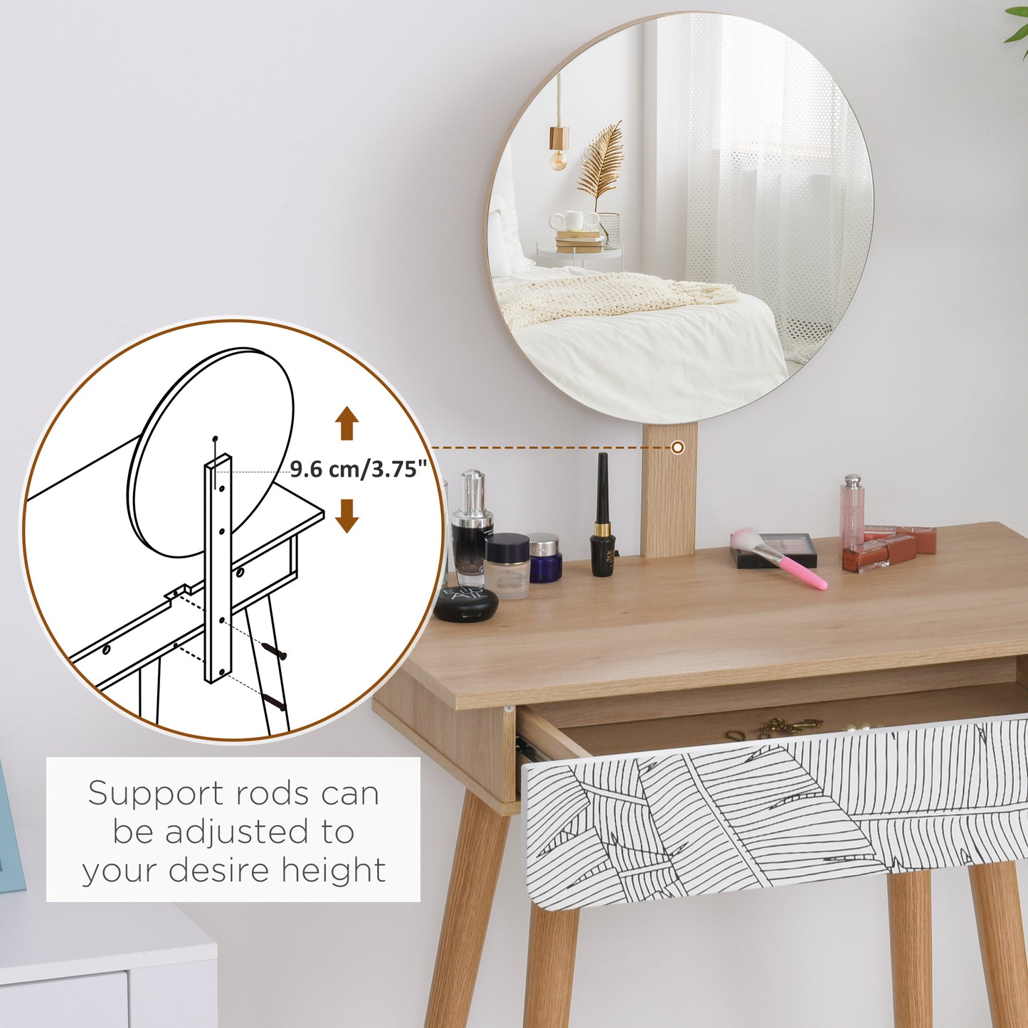 Wooden Compact Dressing Table w/ Drawer Mirror 4 Legs Table Top Bedroom