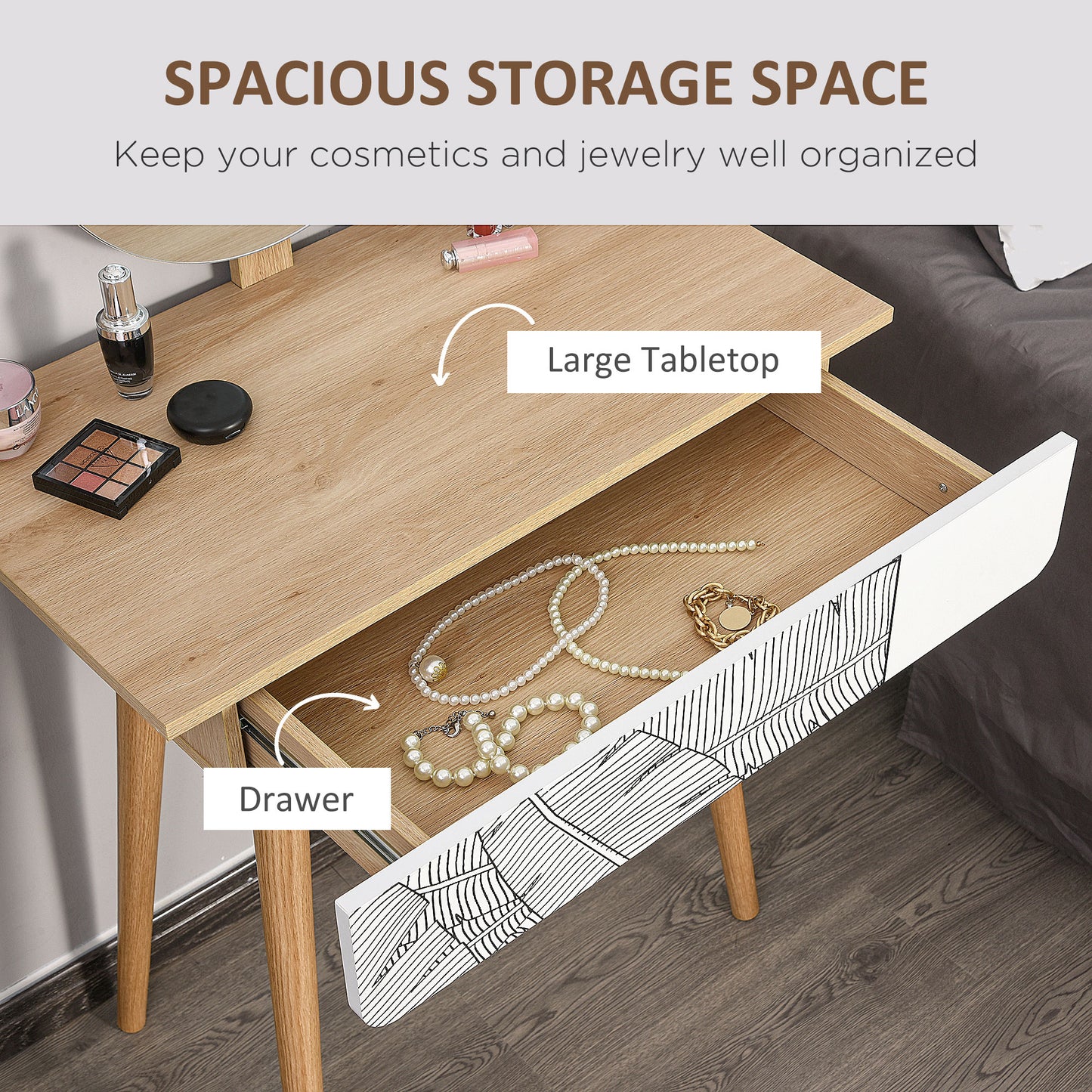 Wooden Compact Dressing Table w/ Drawer Mirror 4 Legs Table Top Bedroom