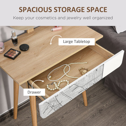 Wooden Compact Dressing Table w/ Drawer Mirror 4 Legs Table Top Bedroom