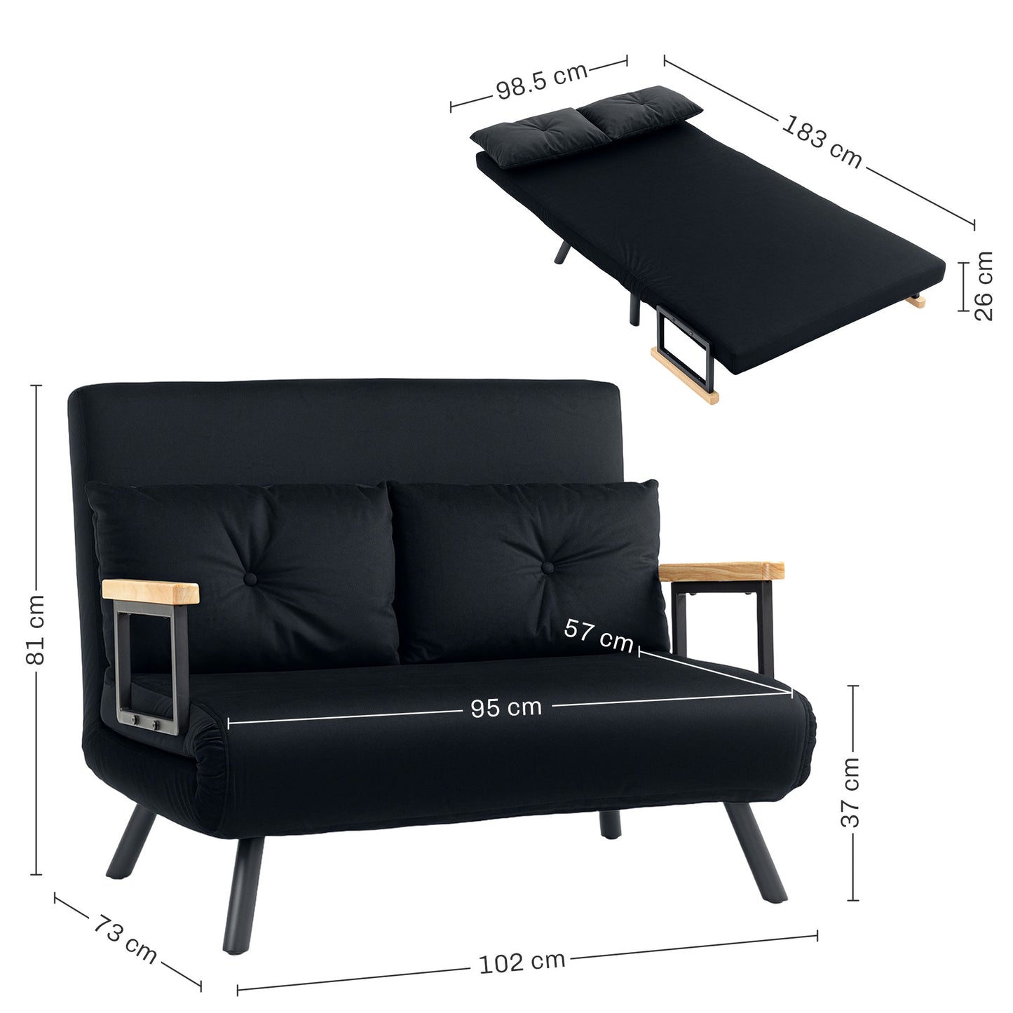 Click Clack 2 Seater Sofa Bed for Living Room, Guest Room, Black