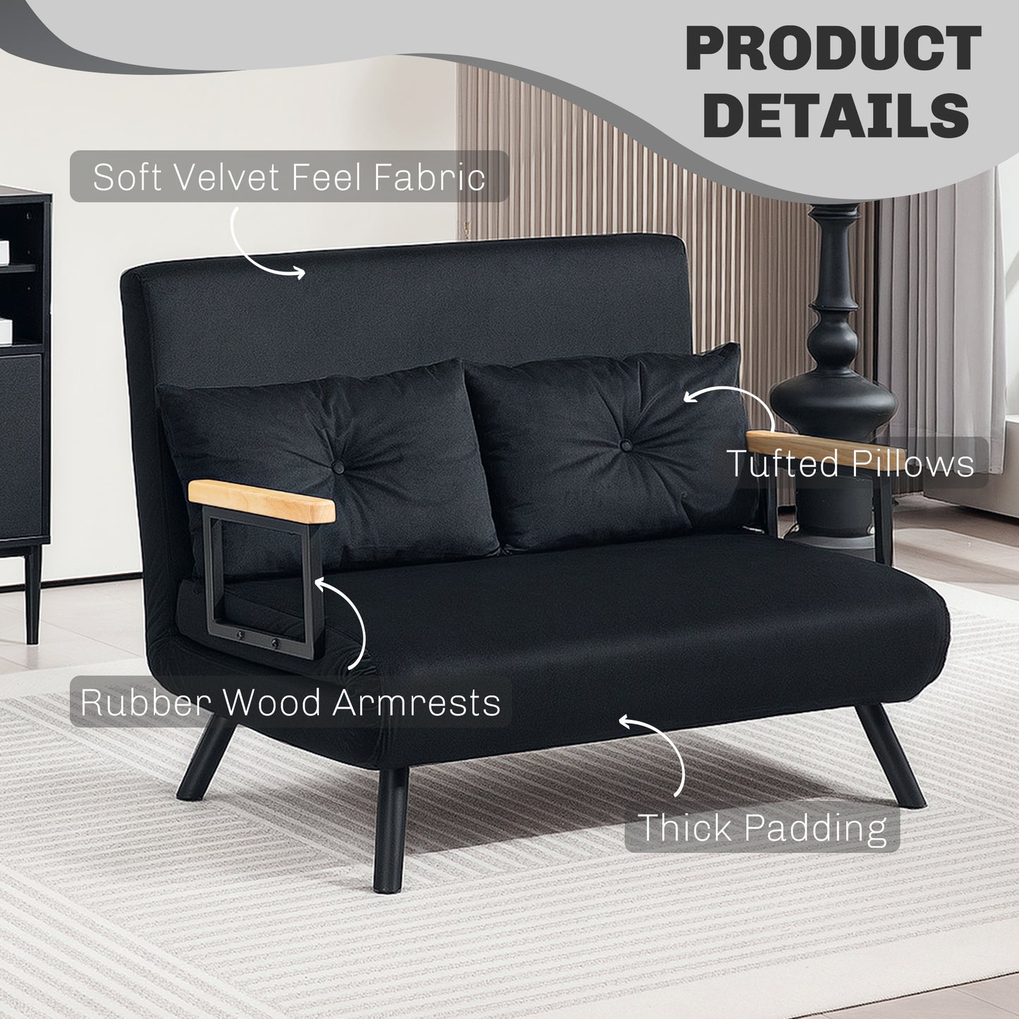 Click Clack 2 Seater Sofa Bed for Living Room, Guest Room, Black