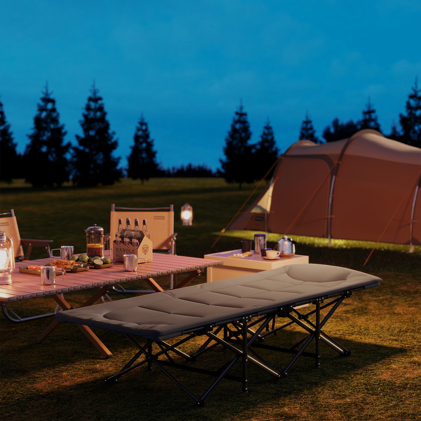 Camping Bed for Adults with Cushion, Headrest, Side Pocket, Grey