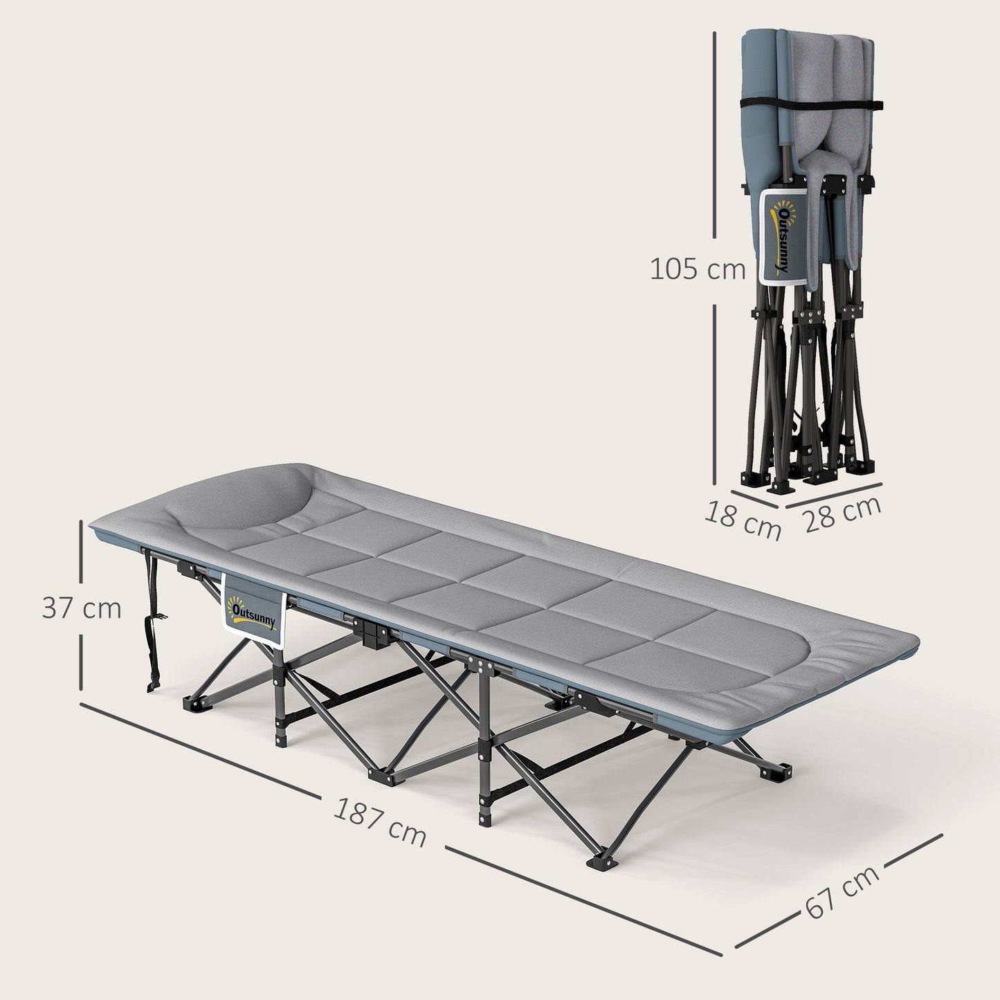 Camping Bed for Adults with Cushion, Headrest, Side Pocket, Grey