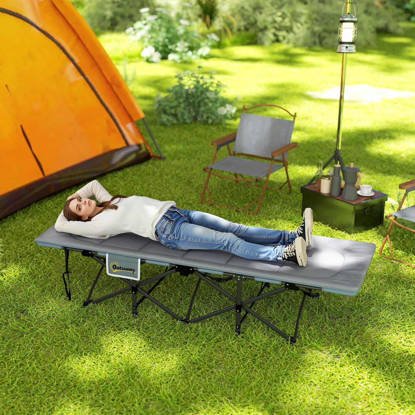 Camping Bed for Adults with Cushion, Headrest, Side Pocket, Grey