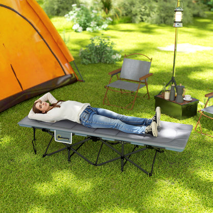 Camping Bed for Adults with Cushion, Headrest, Side Pocket, Grey