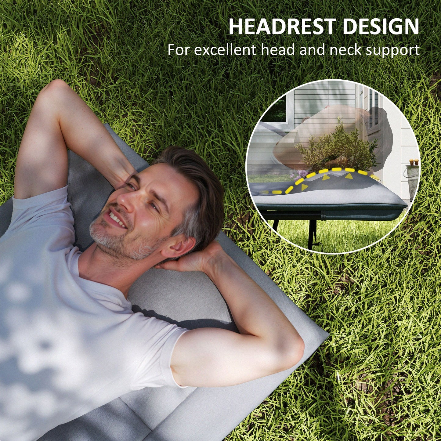 Camping Bed for Adults with Cushion, Headrest, Side Pocket, Grey