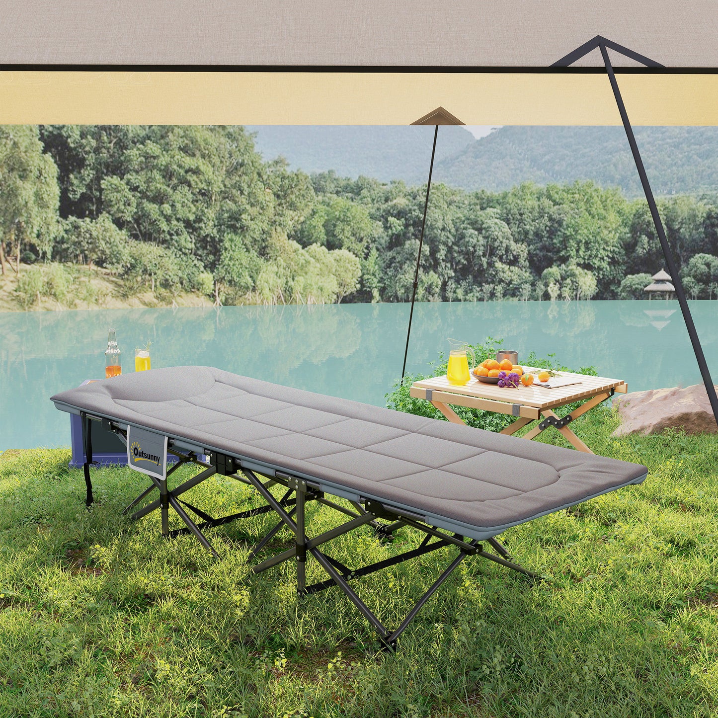 Camping Bed for Adults with Cushion, Headrest, Side Pocket, Grey