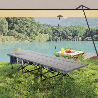 Camping Bed for Adults with Cushion, Headrest, Side Pocket, Grey
