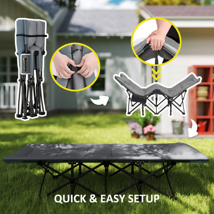 Camping Bed for Adults with Cushion, Headrest, Side Pocket, Grey