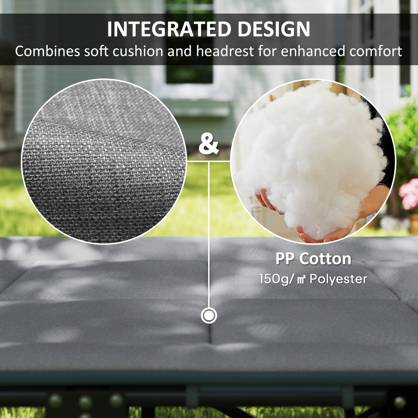 Camping Bed for Adults with Cushion, Headrest, Side Pocket, Grey