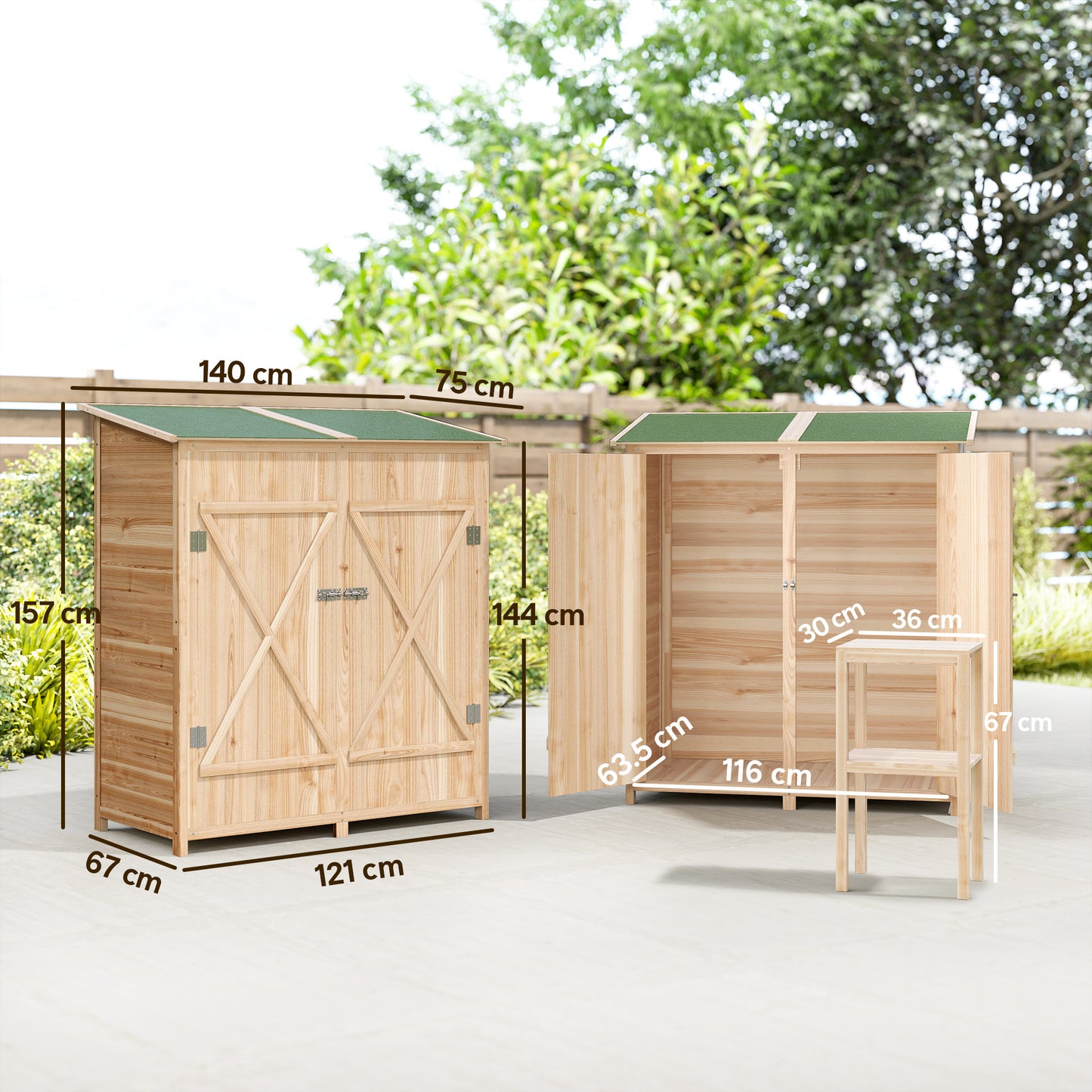 Garden Storage Shed Tool Organizer w/ Table, 140x75x157cm, Natural