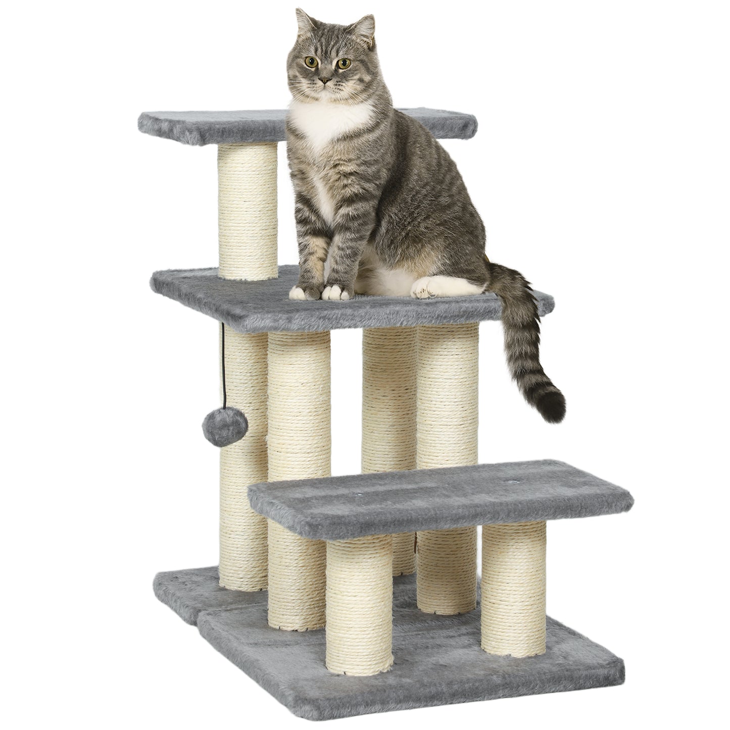 3 Step Pet Stairs with 6 Sisal Scratching Posts, Grey