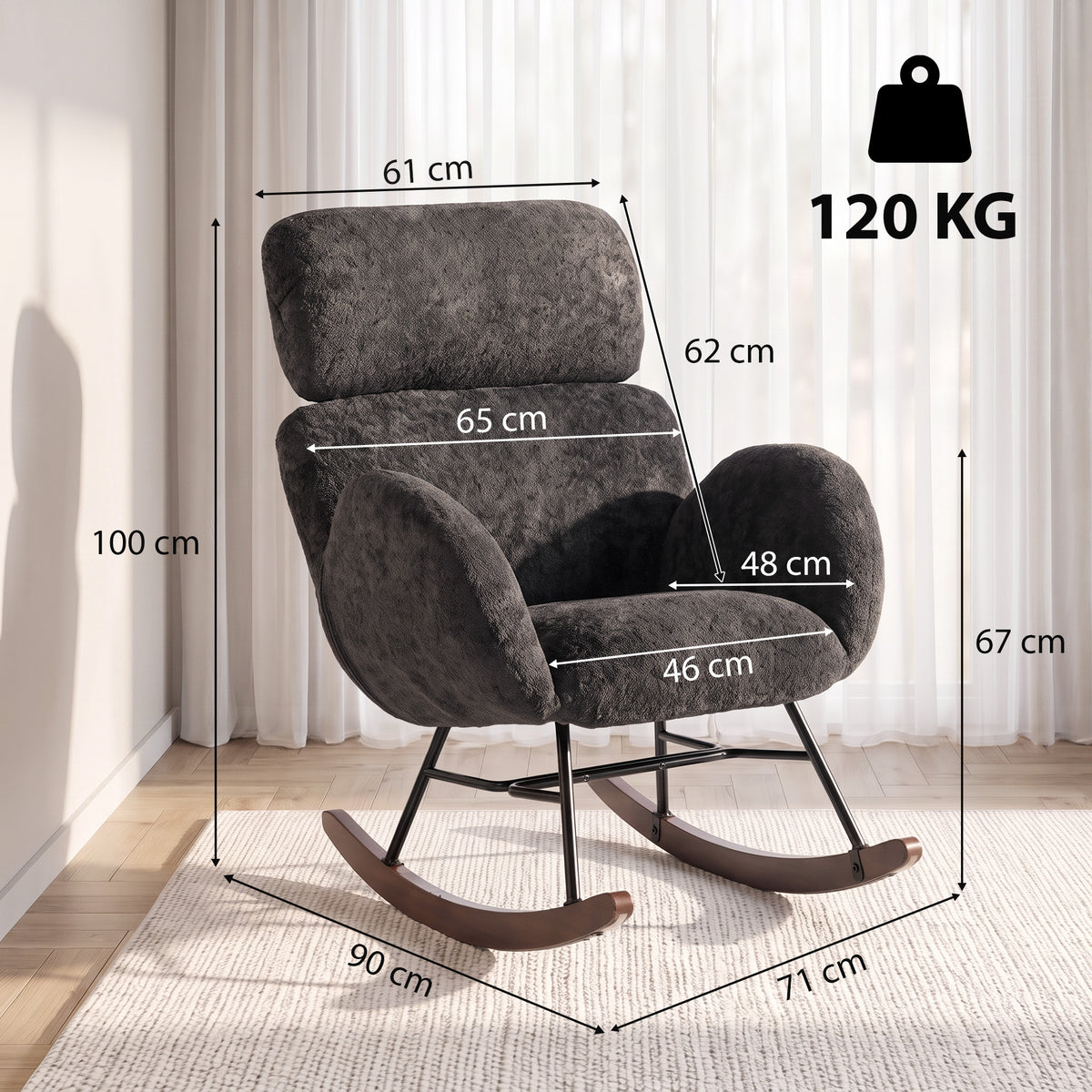 Rocking Chair with Adjustable Headrest Velvet Upholstery Dark Grey