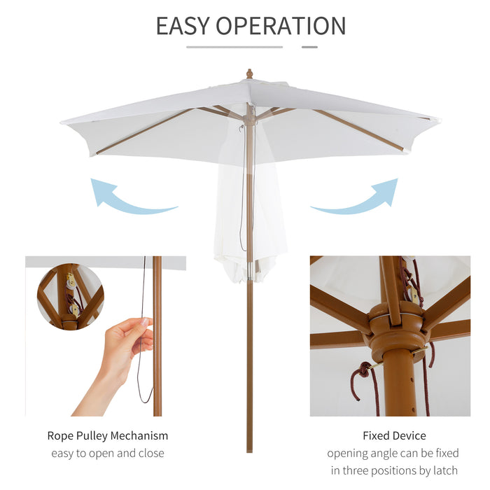 2.5m Patio Umbrella, Wood Garden Parasol, Sun Shade with 6 Ribs and Top Vent for Outdoor, White