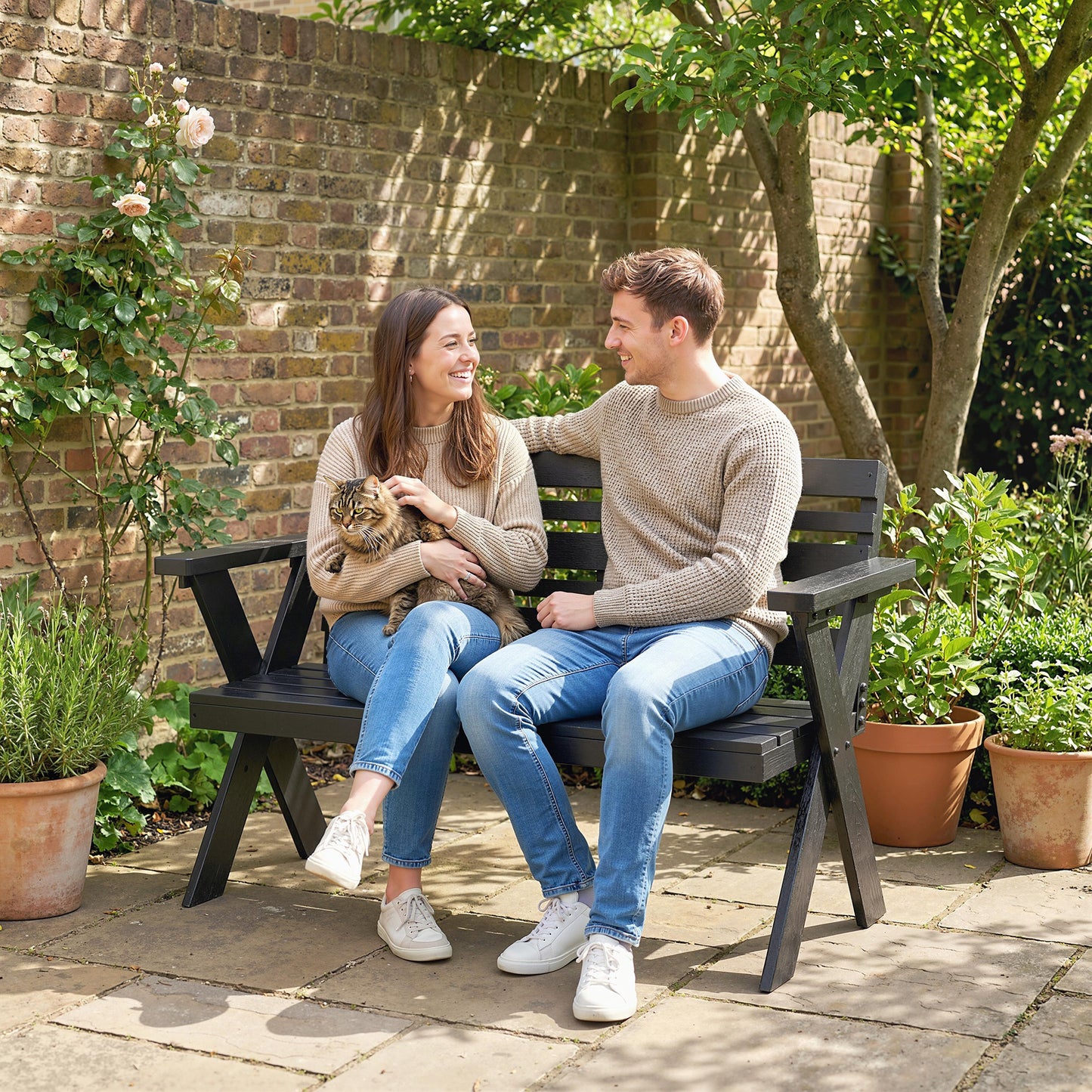 2 Seater Wood Garden Bench, Slatted Patio Bench with Armrest Black