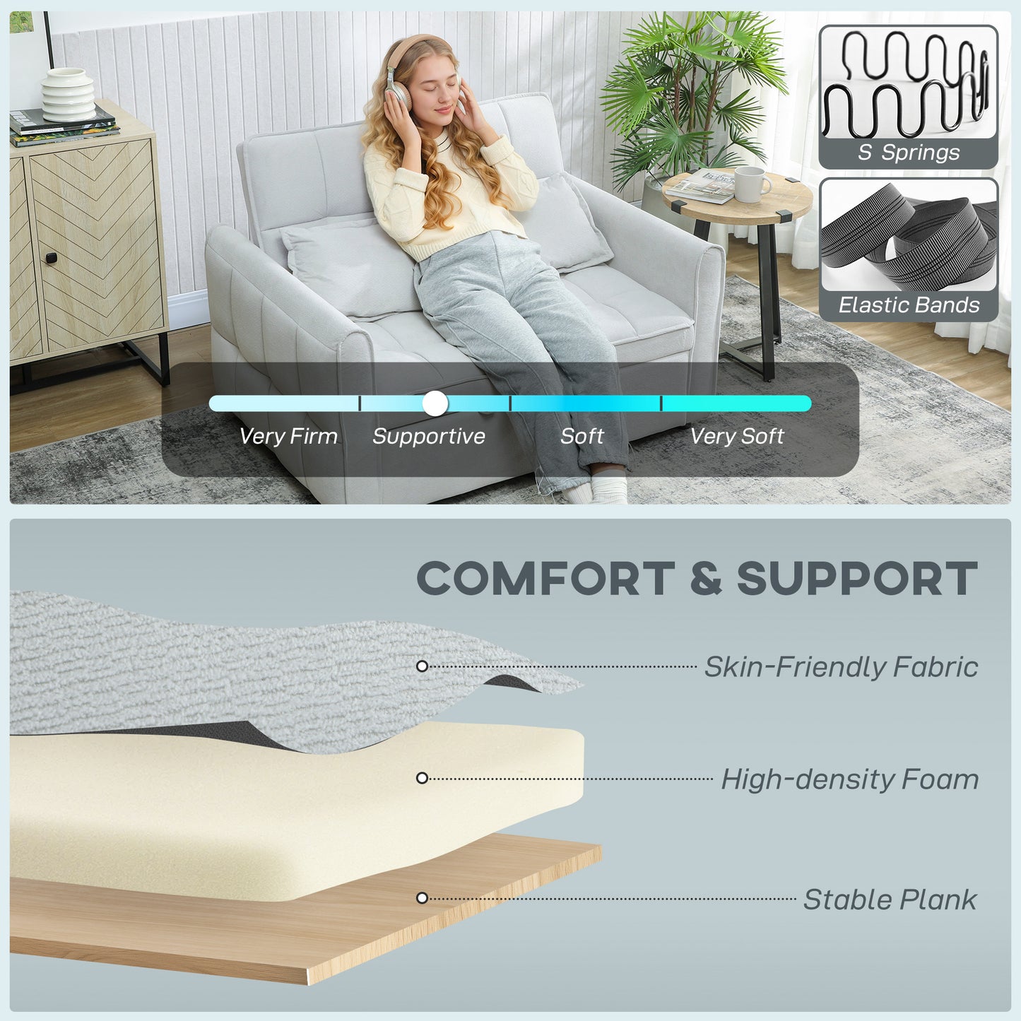2 Seater Sofa Bed, 3-in-1 Sleeper Sofa with Adjustable Backrest