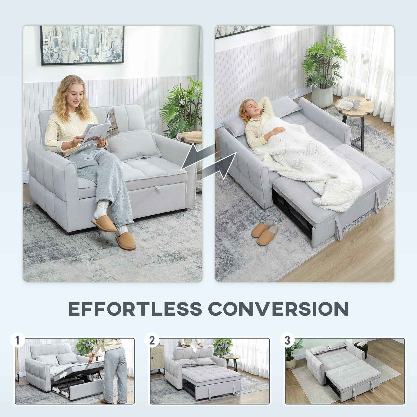 2 Seater Sofa Bed, 3-in-1 Sleeper Sofa with Adjustable Backrest