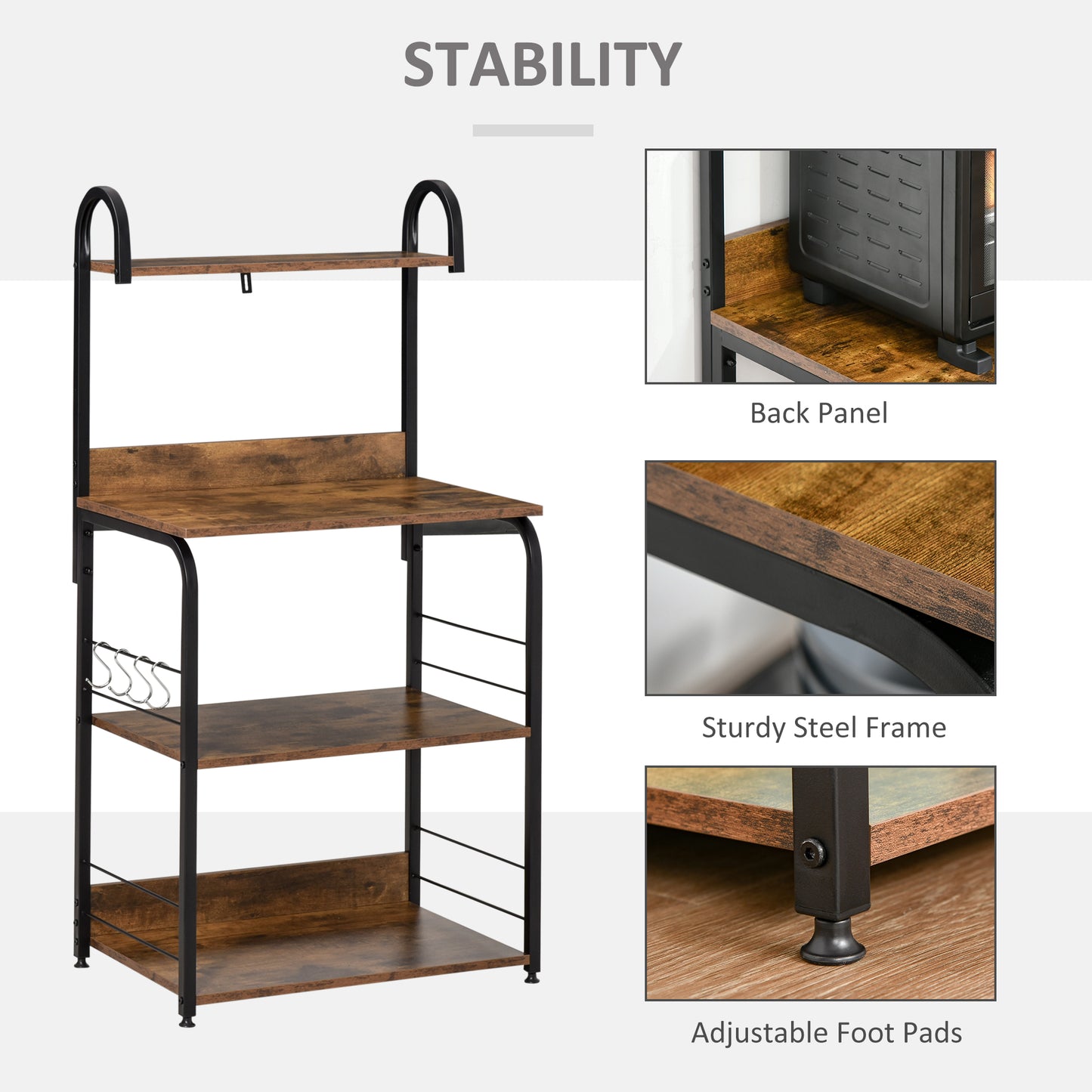 4-Tier Baker's Rack with Storage, Microwave Stand with 4 Hooks