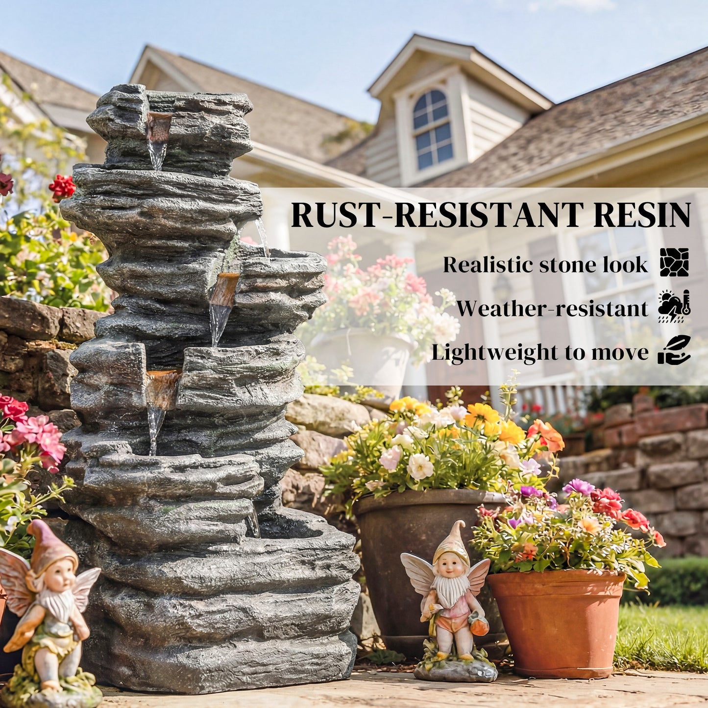 Outdoor Fountain, Resin Freestanding Garden Fountain, Grey