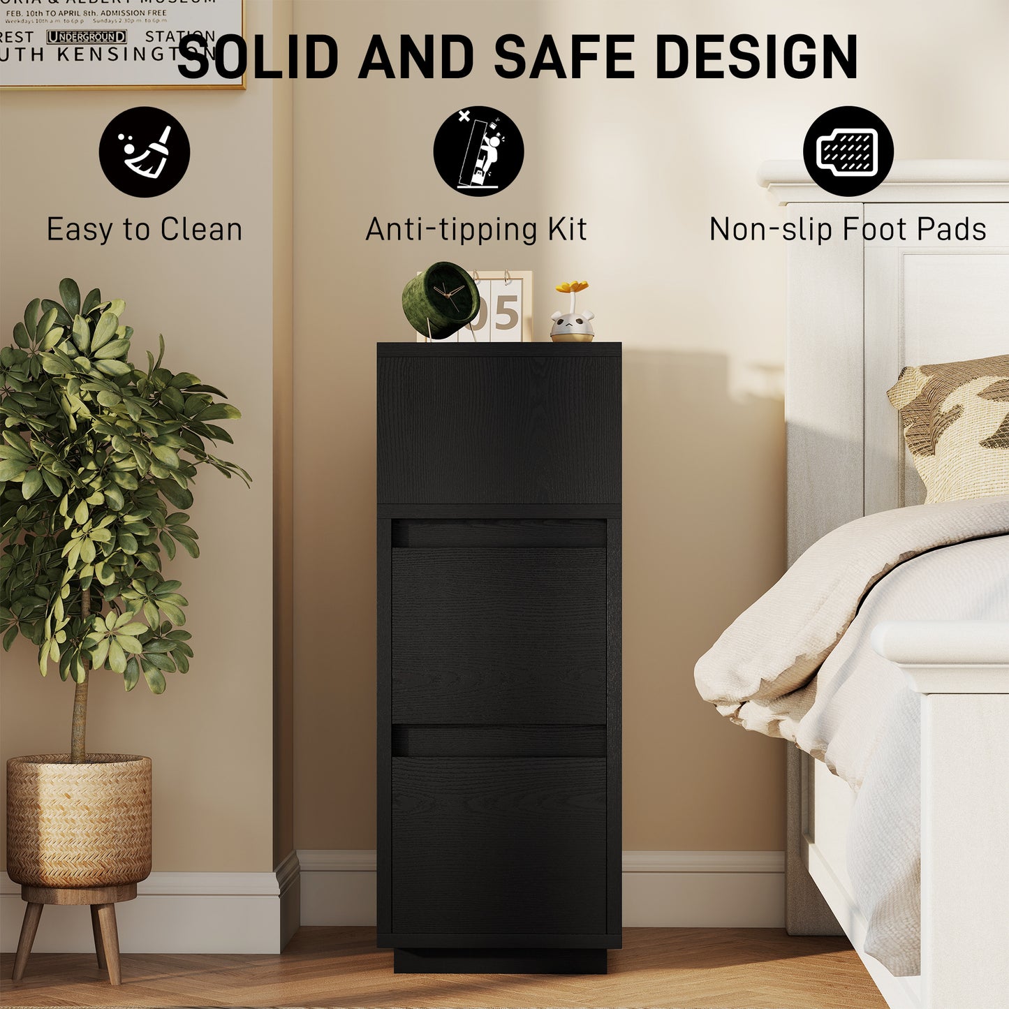 Slim Bedside Table, Bedside Cabinet with Open Shelf and 2 Drawers