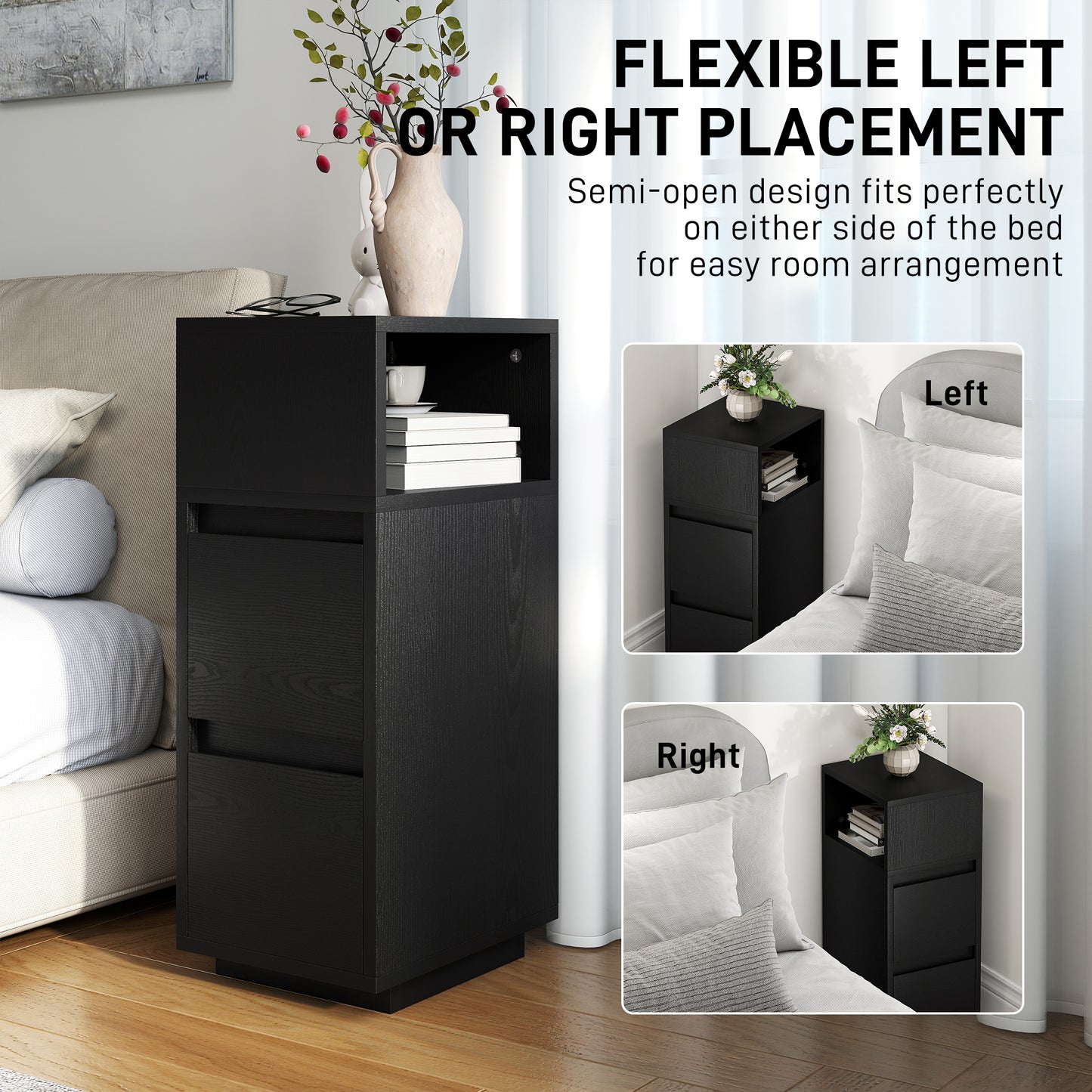 Slim Bedside Table, Bedside Cabinet with Open Shelf and 2 Drawers