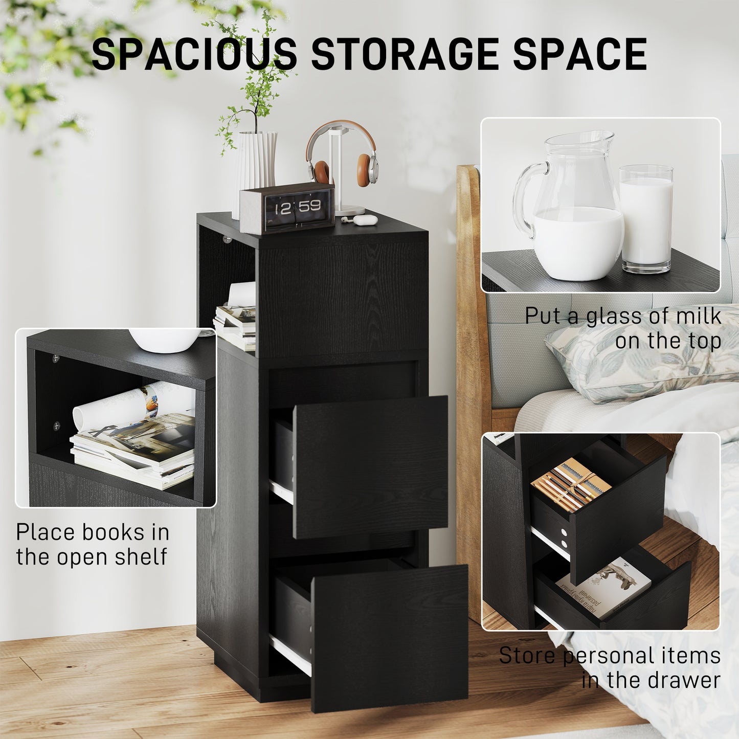 Slim Bedside Table, Bedside Cabinet with Open Shelf and 2 Drawers