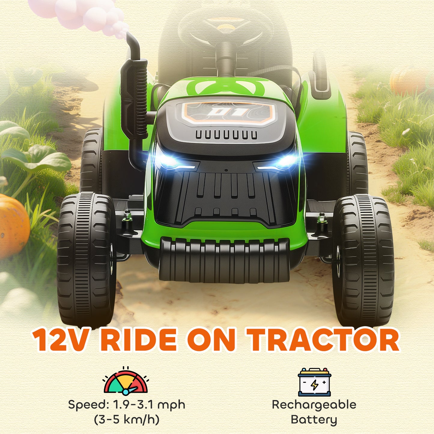 Ride on Tractor and Trailer, 12V Electric Ride on Tractor, Green