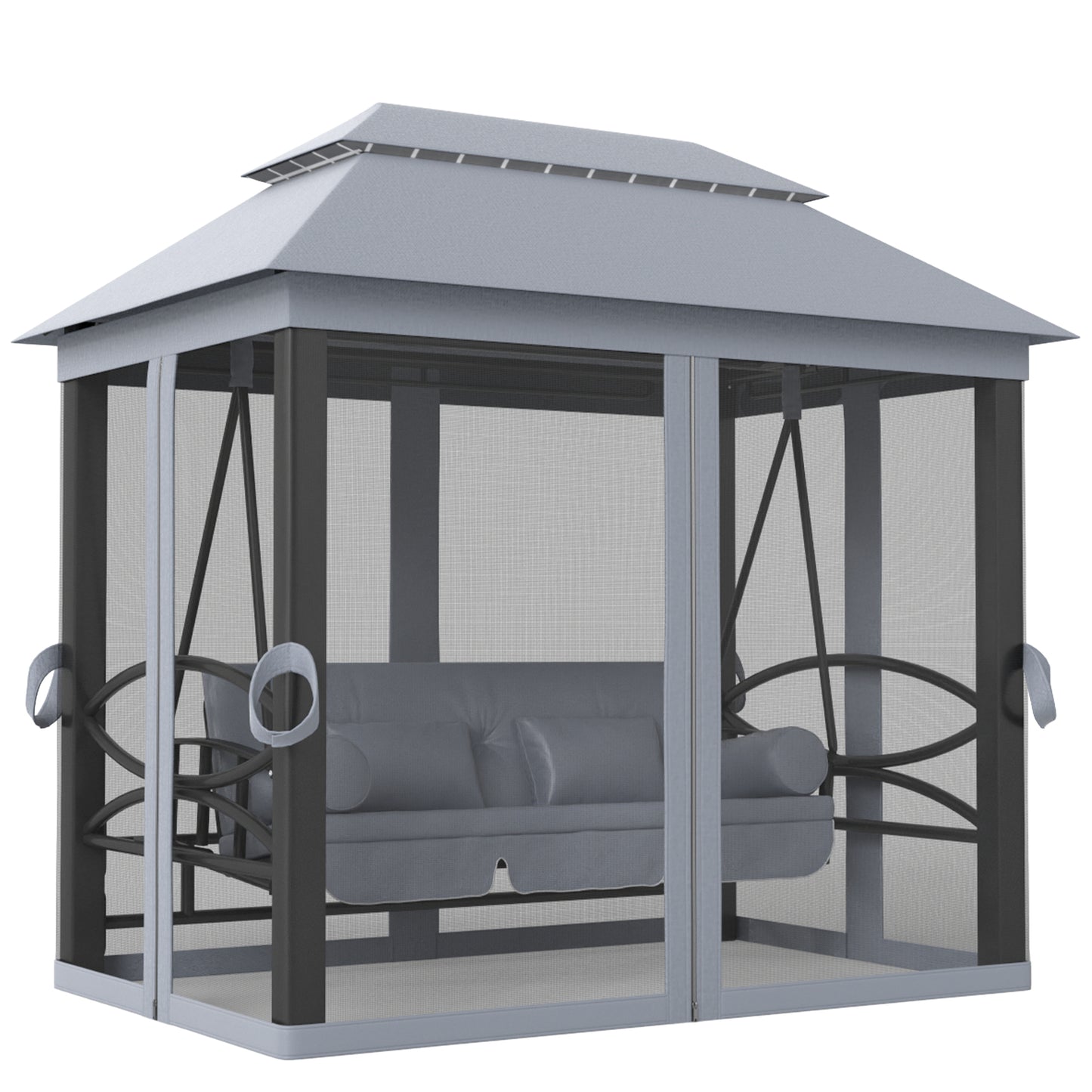 3 Person Canopy Gazebo Swing Outdoor Patio Lounge w/ Mesh Walls, Grey