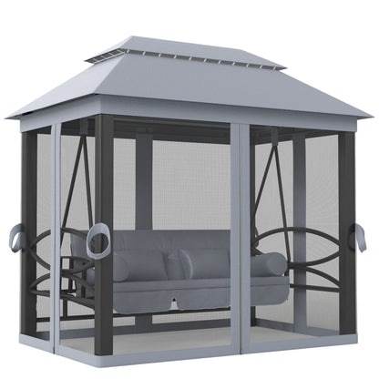 3 Person Canopy Gazebo Swing Outdoor Patio Lounge w/ Mesh Walls, Grey