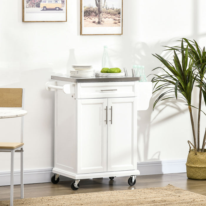 White Wooden Freestanding Kitchen Island on Wheels, Serving Cart Storage Trolley with Stainless Steel Top, Drawer, Side Handle and Rack