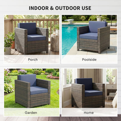 Rattan Garden Armchair, Cushioned Single Rattan Chair, Brown/Blue