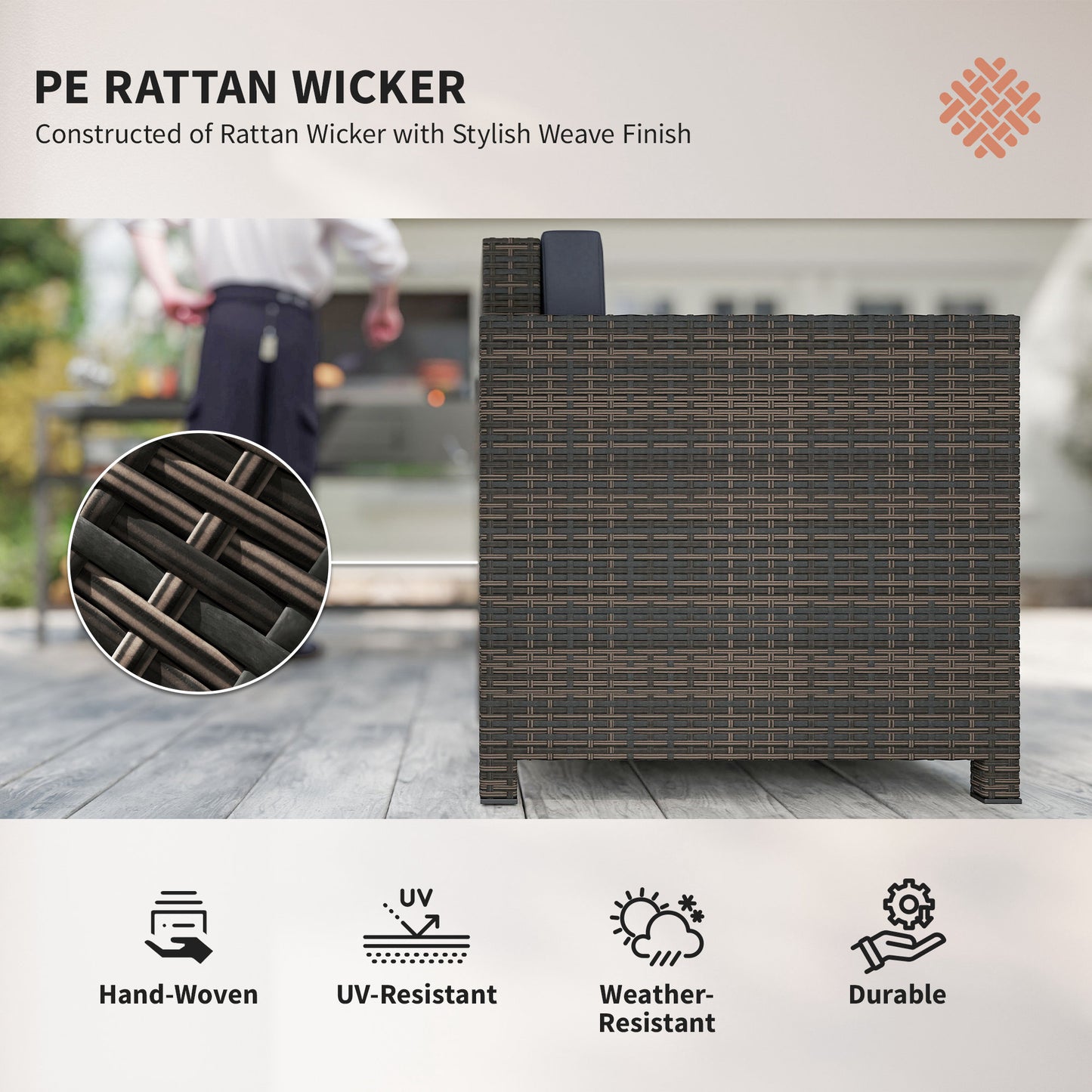 Rattan Garden Armchair, Cushioned Single Rattan Chair, Brown/Blue