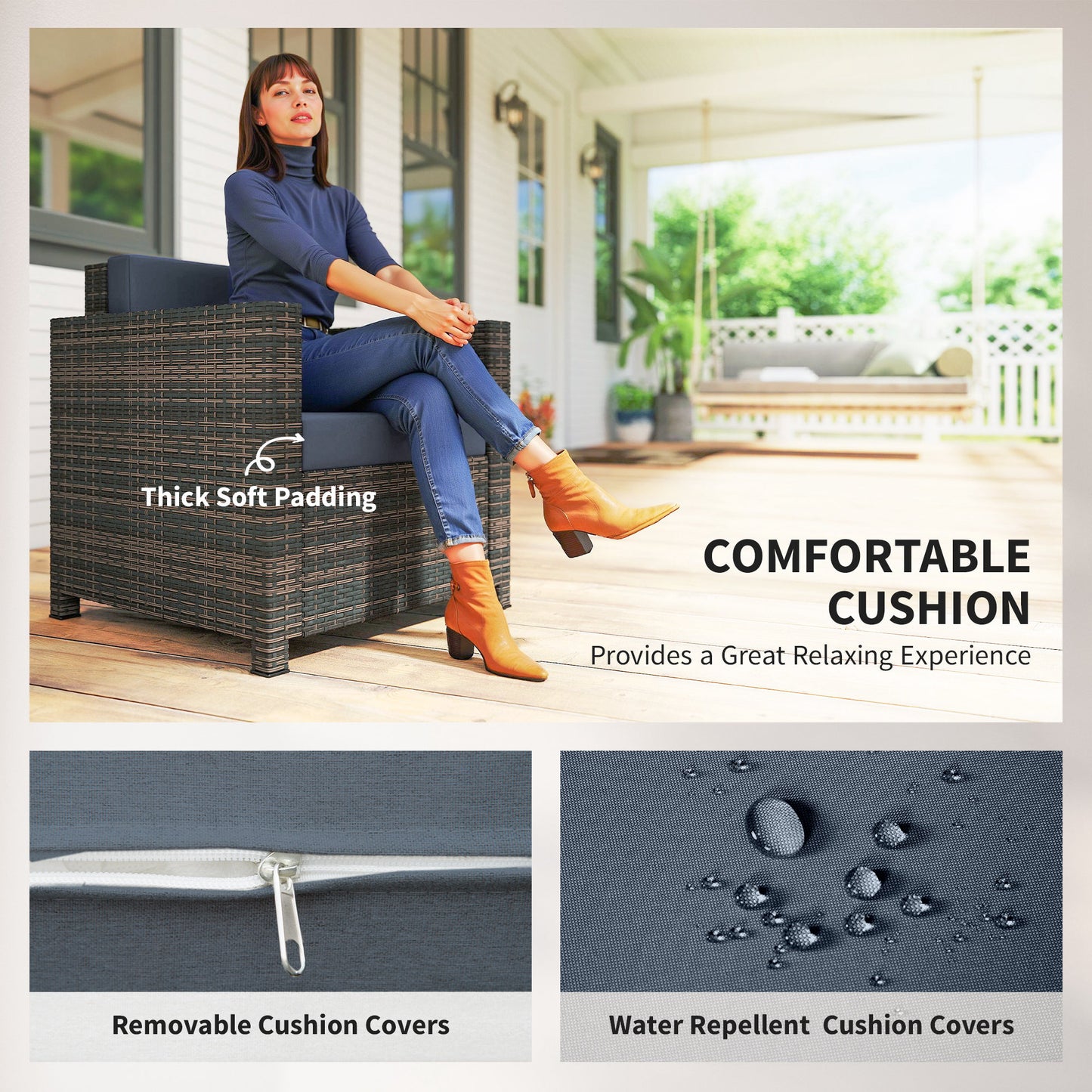 Rattan Garden Armchair, Cushioned Single Rattan Chair, Brown/Blue