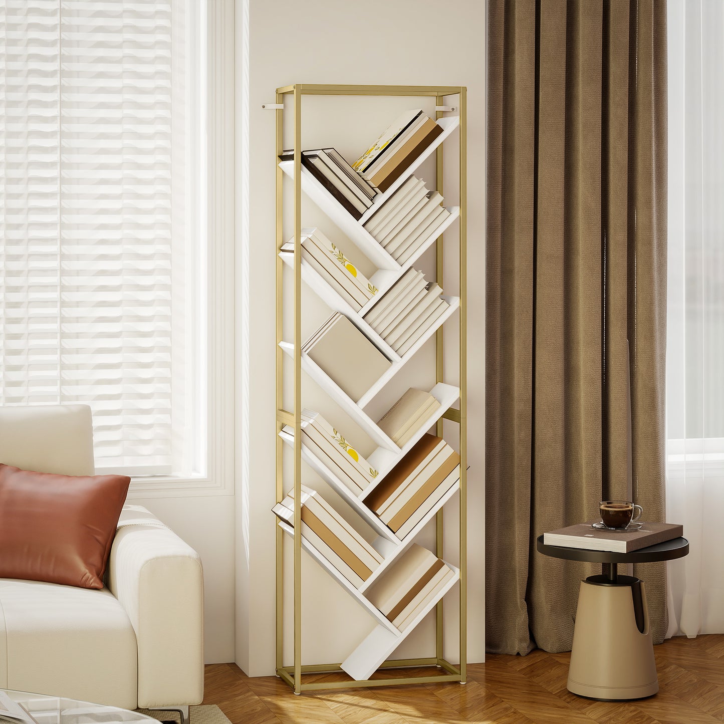 10 Tier Tree Bookshelf Modern Tall Bookcase White Gold Tone