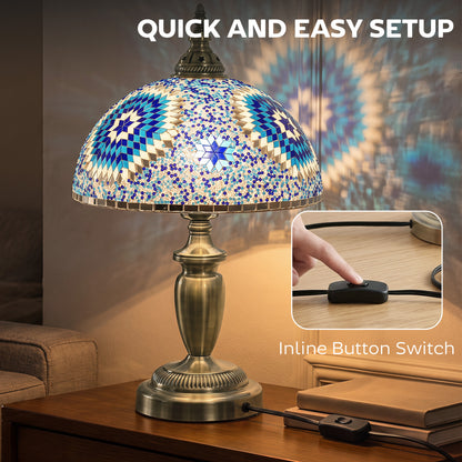 30cm Tiffany Lamp with Button Switch and Metal Base, Blue