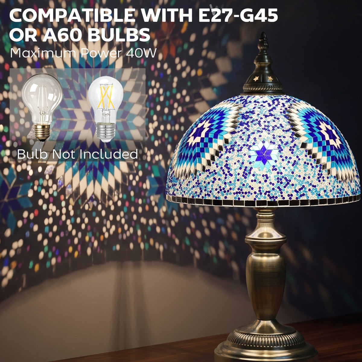 30cm Tiffany Lamp with Button Switch and Metal Base, Blue