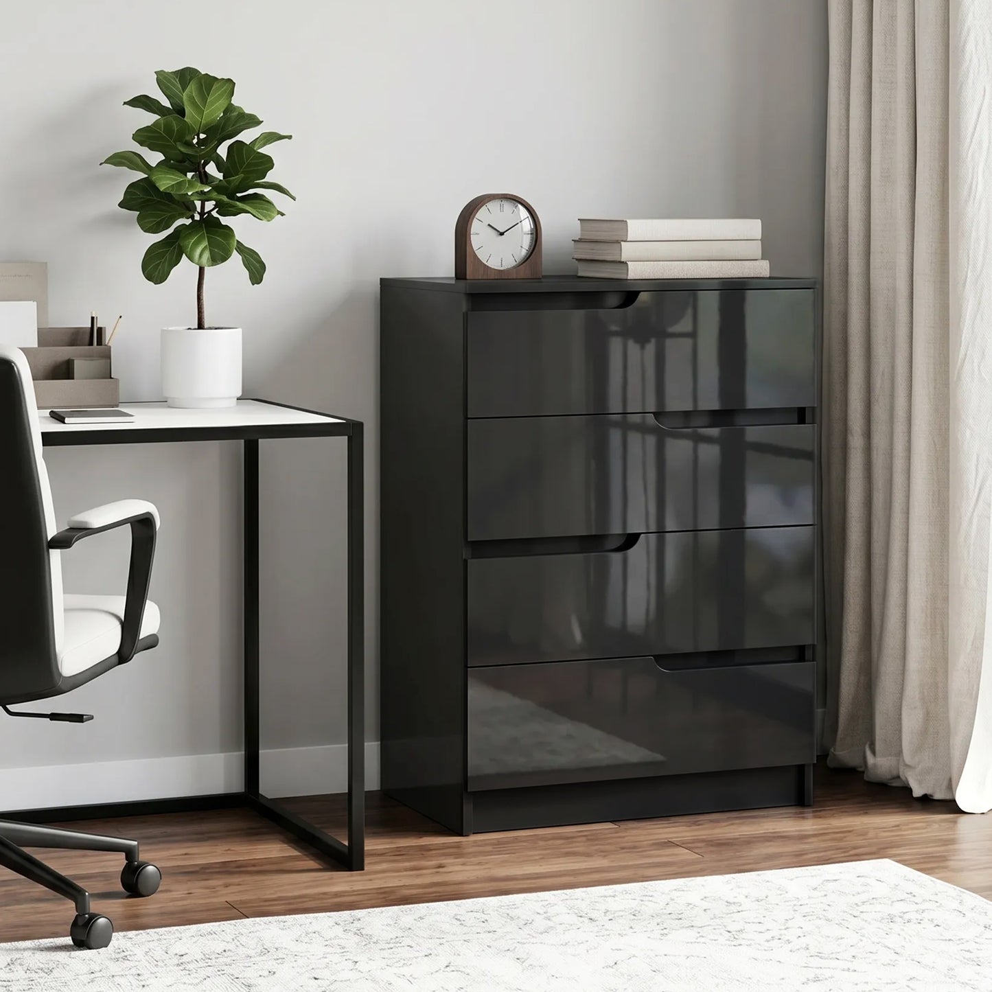 Modern Dresser with 4 Drawers, Chest of Drawers for Bedroom, Living Room, 60 x 40 x 85cm, High Gloss Black