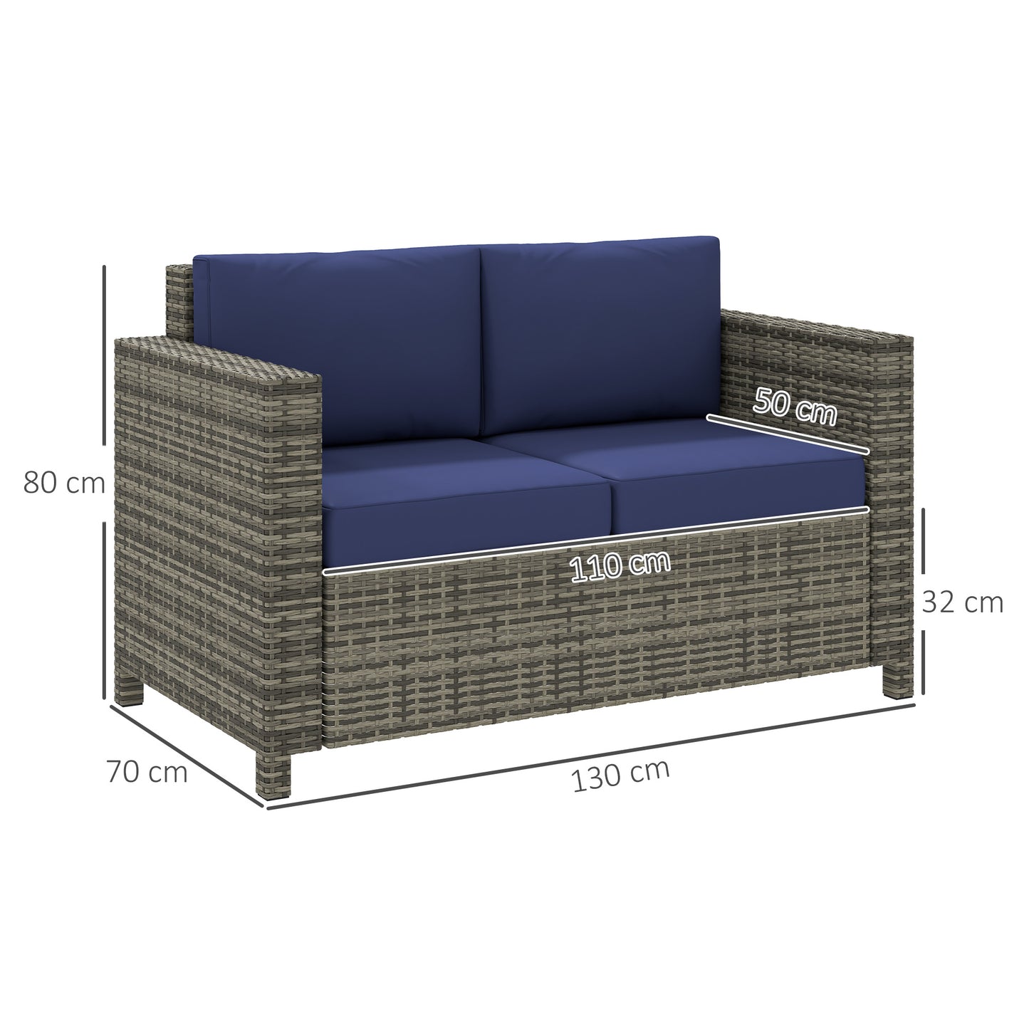 Rattan Wicker 2-seat  Loveseat Padded Garden Furniture Blue