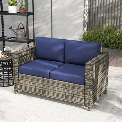 Rattan Wicker 2-seat  Loveseat Padded Garden Furniture Blue