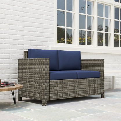 Rattan Wicker 2-seat  Loveseat Padded Garden Furniture Blue