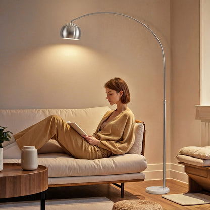Arc Floor Lamp for Living Room, Free Standing Tall Lamp, Silver Tone