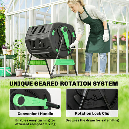 200L Compost Bin, Dual Chamber Rotating Tumbling Composter